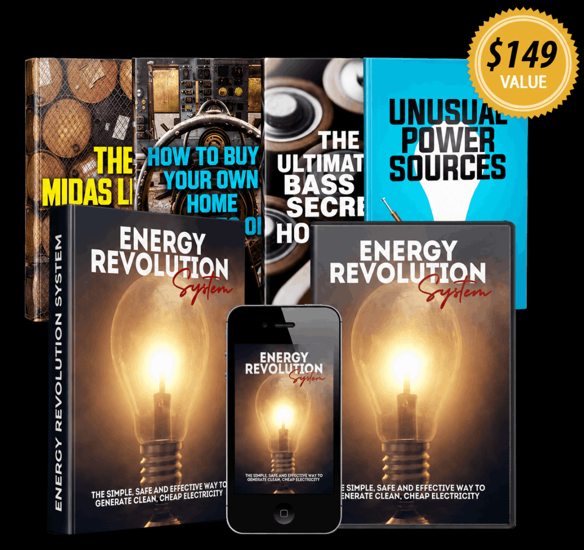 Energy Revolution System clean energy product bundle with eBook, DVD, mobile guide, and bonus resources.